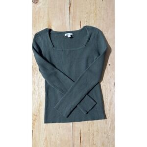 Nine West Womens Ribbed Square Neck Long Sleeve Pullover Sweater Dark Sage Large